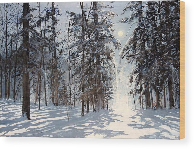 Snow Wood Print featuring the painting moonlight in Vermont by Ken Ahlering