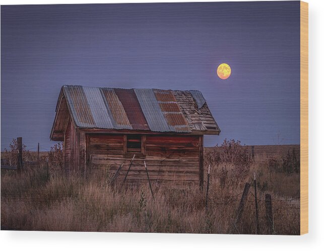 Super Full Moon Rustic Old Shed Out Building Lewiston Idaho Wood Print featuring the photograph Moonlit Shed by Brad Stinson