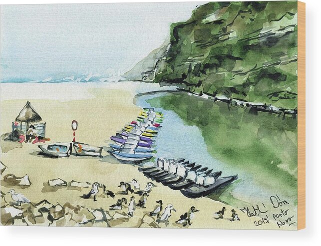 Portugal Wood Print featuring the painting Morning At Porto Novo Beach by Dora Hathazi Mendes