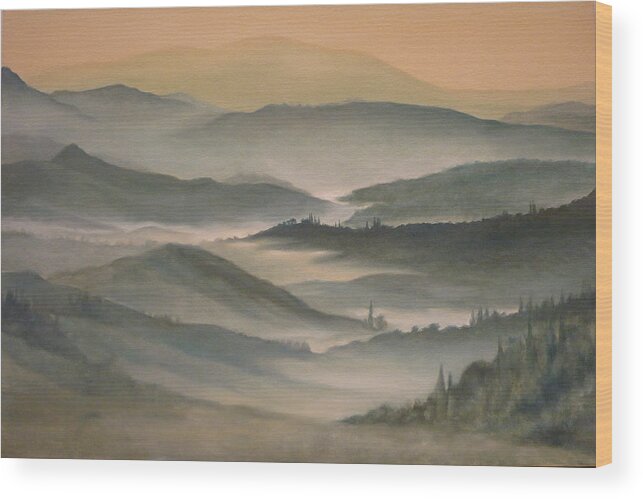 Landscape Wood Print featuring the painting Morning Mist by Caroline Philp