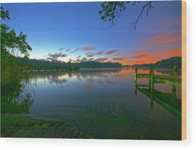 Sky Water Lake Pond Pier Stars Cloud Clouds Tree Trees Shore Beach Wood Print featuring the photograph Morning Star by Robert Och
