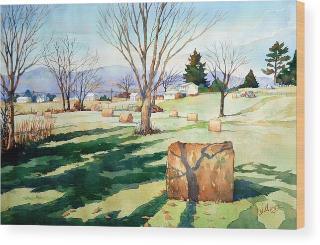 Watercolor Wood Print featuring the painting Morning Sun on Haybales by Mick Williams