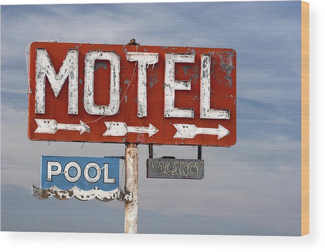 Route 66 Wood Print featuring the photograph Motel and Pool Sign Route 66 by Carol Leigh