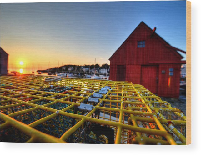 Rockport Wood Print featuring the photograph Motif 1 lobster trap sunrise by Toby McGuire