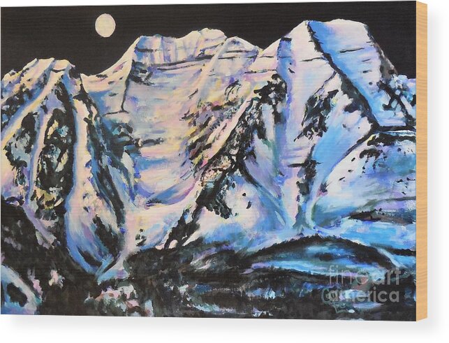 Timpanogos Wood Print featuring the painting Mt. Timpanogos Under a Full Moon by Cami Lee