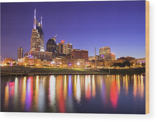 America Wood Print featuring the photograph Nashville Skyline at Night on the Cumberland River by Gregory Ballos