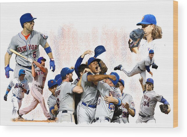 David Wright Jacob Degrom Art Work Paintings Wood Print featuring the painting New York Mets 2015 METROPOLITAN CHAMPIONS by Iconic Images Art Gallery David Pucciarelli