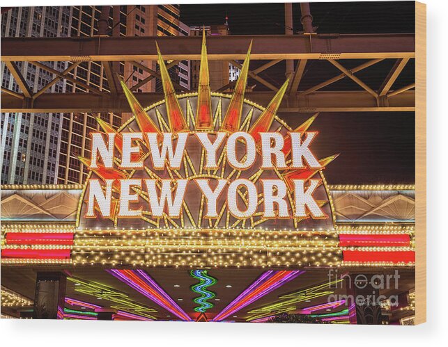 New York New York Neon Sign Wood Print featuring the photograph New York New York Neon Sign Entrance Front by Aloha Art