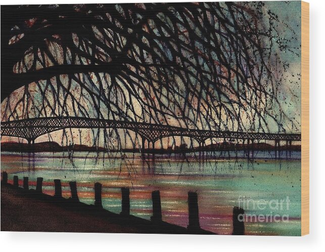 Bridge Wood Print featuring the painting Newburgh - Beacon Bridge Evening sky - Custom Cropped by Janine Riley
