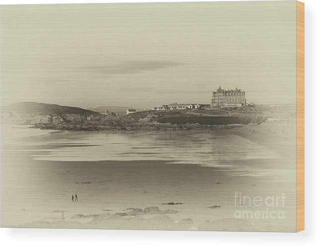 Sepia Wood Print featuring the photograph Newquay with old watercolor effect by Nicholas Burningham
