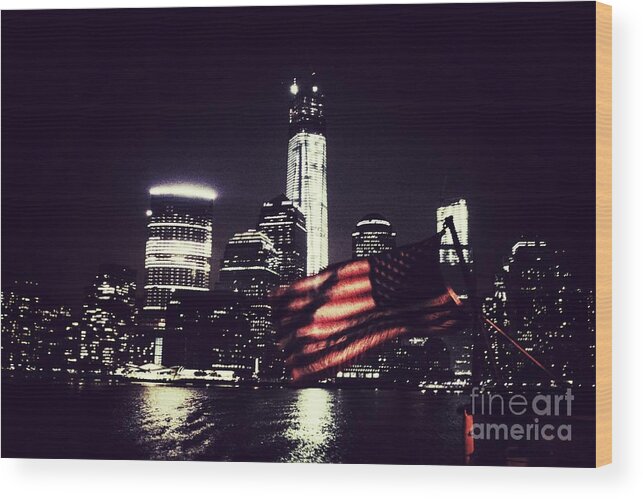 New York City Skyline Wood Print featuring the photograph Night Flag by HELGE Art Gallery