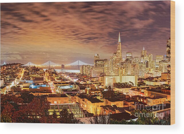Downtown Wood Print featuring the photograph Night Panorama of San Francisco and Oak Area Bridge from Ina Coolbrith Park - California by Silvio Ligutti