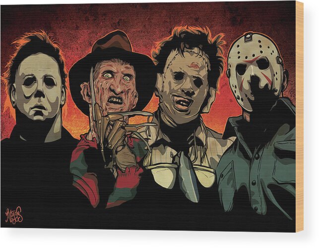 Michael Myers Freddy Krueger Leatherface Texas Chainsaw Massacre Jason Voorhees Friday The 13th Nightmare Elm Street Halloween Scary Horror Terror Movie Film Monster Slasher Classic Flick Poster Killer Illustration Drawing Portrait Digital Wood Print featuring the drawing Nightmare by Miggs The Artist