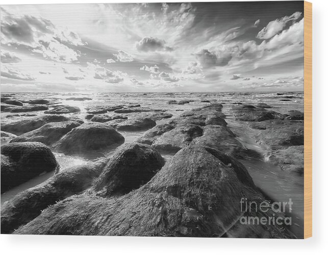 Norfolk Wood Print featuring the photograph Norfolk Hunstanton rugged coastline black and white by Simon Bratt