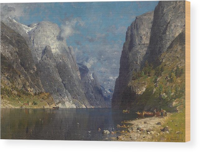 Normann Wood Print featuring the painting NORMANN, ADELSTEEN Vagoya i Bodin 1848 - 1918 Kristiania Fjord landscape. by Celestial Images