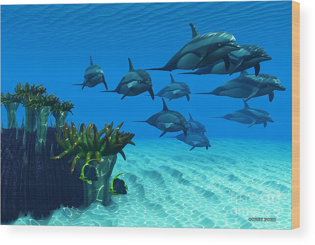 Striped Dolphin Wood Print featuring the painting Ocean Striped Dolphins by Corey Ford