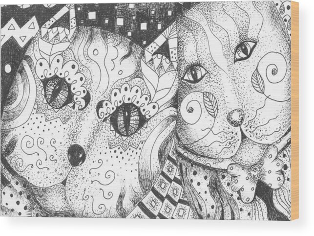 Cat. Cats Wood Print featuring the drawing Oh Purr... by Helena Tiainen