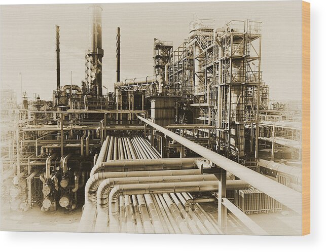 Oil Wood Print featuring the photograph Oil Refinery In Old Vintage Processing Concept by Christian Lagereek