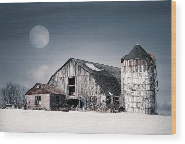 Barn Wood Print featuring the photograph Old Barn and winter moon - Snowy Rustic Landscape by Gary Heller