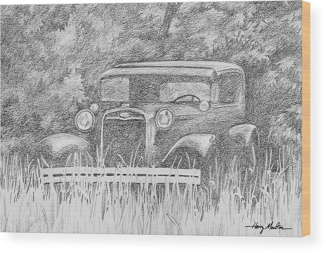 Antique Wood Print featuring the drawing Old Car at Rest by Harry Moulton