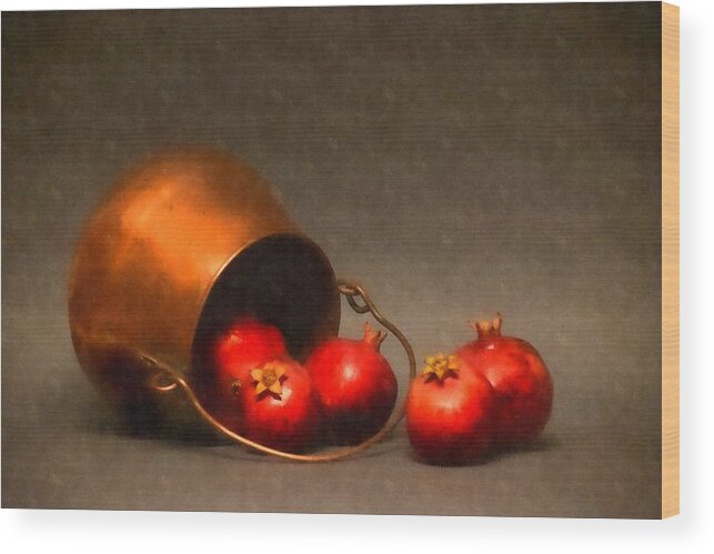 Old Copper Pot With Pomegranates Wood Print featuring the photograph Old Copper Pot with Pomegranates by Frank Wilson