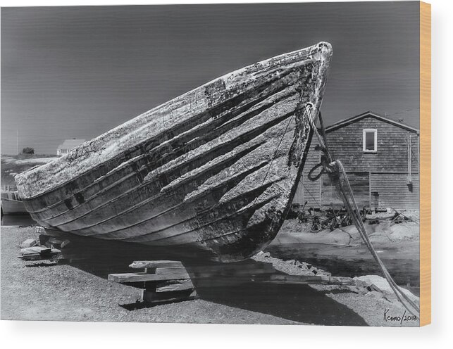 Peggy's Cove Wood Print featuring the photograph Old Dory in Black and White by Ken Morris