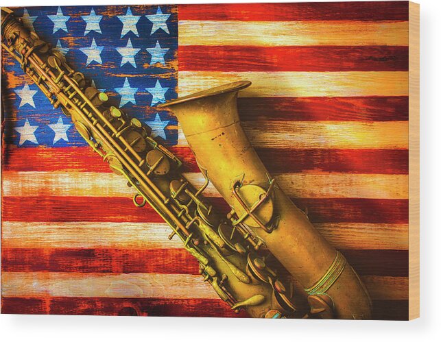 American Wood Print featuring the photograph Old Saxophone On Wooden Flag by Garry Gay