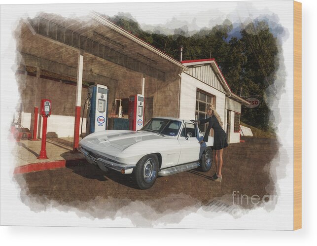 Corvette Wood Print featuring the photograph Old time service station with 1967 corvette model Ally Darst by Dan Friend