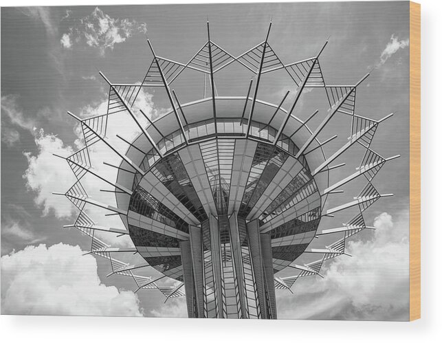 University Wood Print featuring the photograph Prayer Tower In The Clouds - Tulsa Oklahoma Monochrome by Gregory Ballos