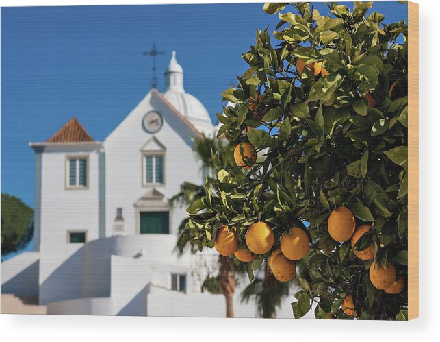 Castro Marim Wood Print featuring the photograph Orange Tree and church - Castro Marim, Portugal by Barry O Carroll