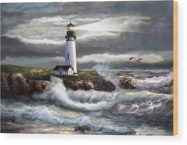 Evening Seascape Wood Print featuring the painting Oregon Lighthouse Beam of hope by Regina Femrite