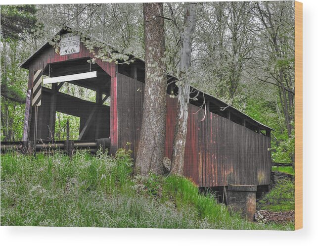 Esther Furnace Covered Bridge Wood Print featuring the photograph PA Country Roads - Esther Furnace Covered Bridge Over Roaring Creek No. 6A-Alt - Columbia County by Michael Mazaika