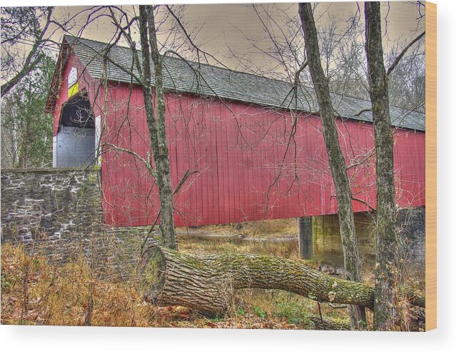 Frankenfield Covered Bridge Wood Print featuring the photograph PA Country Roads - Frankenfield Covered Bridge Over Tinicum Creek No. 8 - Autumn Bucks County by Michael Mazaika