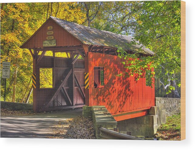 Henry Covered Bridge Wood Print featuring the photograph PA Country Roads - Henry Covered Bridge Over Mingo Creek No. 3A - Autumn Washington County by Michael Mazaika
