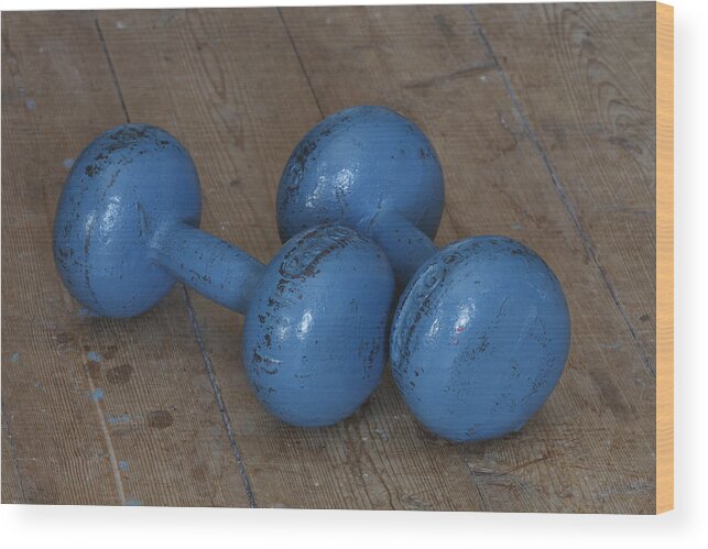 Sport Wood Print featuring the photograph Pair of dump bells lying on a wooden floor by Ulrich Kunst And Bettina Scheidulin
