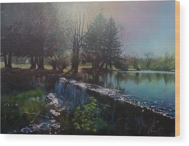 Parker's Pond Wood Print featuring the painting Parker's Pond in North Easton MA by Bill McEntee