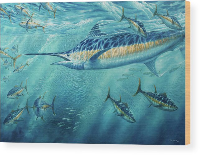 Blue Marlin Paintings Wood Print featuring the painting Party Crasher by Guy Crittenden