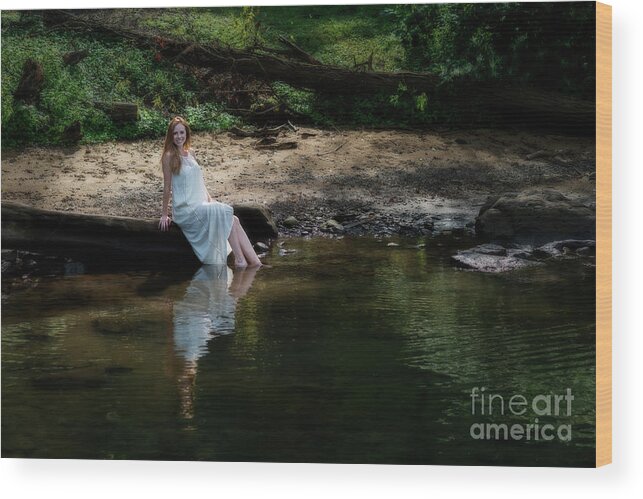 Patty Smith; Model; Woman; Pretty; Red Head; Lake; Water Wood Print featuring the photograph Patty on log edge of lake by Dan Friend