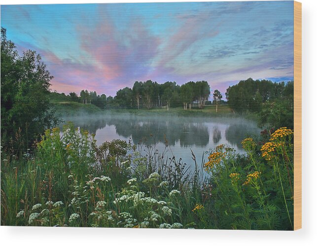 Sunrise Wood Print featuring the photograph Peaceful Sunrise at Lake. Altai by Victor Kovchin