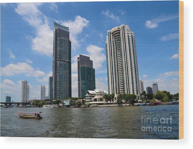 Bangkok Wood Print featuring the photograph Peninsula Hotel skyscrapers and boat across Chao Phraya River Bangkok Thailand by Imran Ahmed