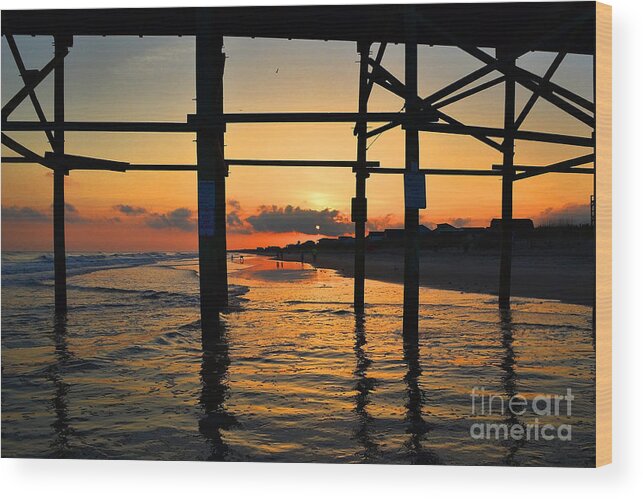 Sunset Wood Print featuring the photograph Oak Island Pier Sunset by Amy Lucid