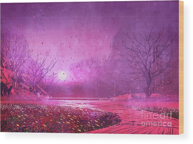 Painting Wood Print featuring the painting Pink landscape by Tithi Luadthong