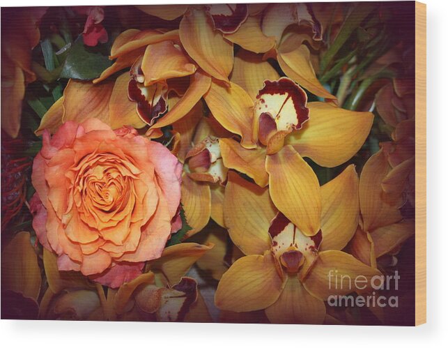 Rose Wood Print featuring the photograph Pink Rose and Yellow Orchids by Dora Sofia Caputo