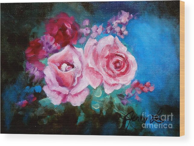 Pink Wood Print featuring the painting Pink Roses on Blue by Jenny Lee