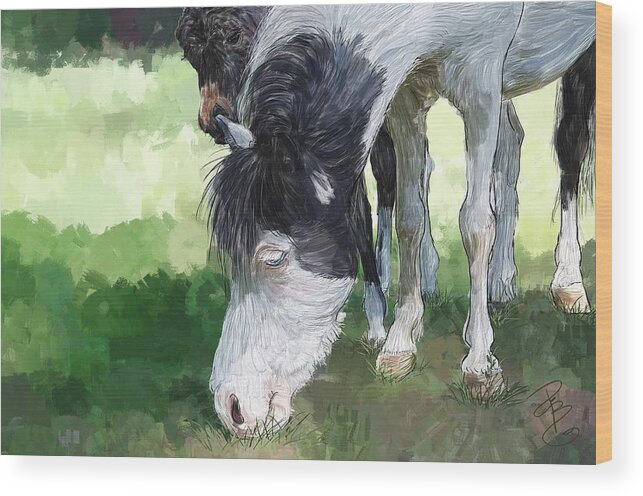 Animal Wood Print featuring the digital art Pinto pony and baby by Debra Baldwin