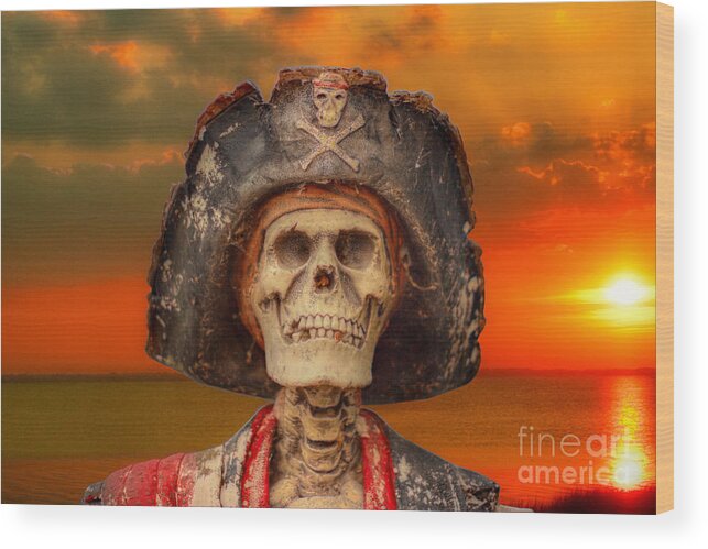 Pirate Wood Print featuring the digital art Pirate Skeleton Sunset by Randy Steele