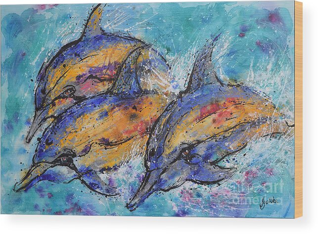 Dolphins Wood Print featuring the painting Playful Dolphins by Jyotika Shroff