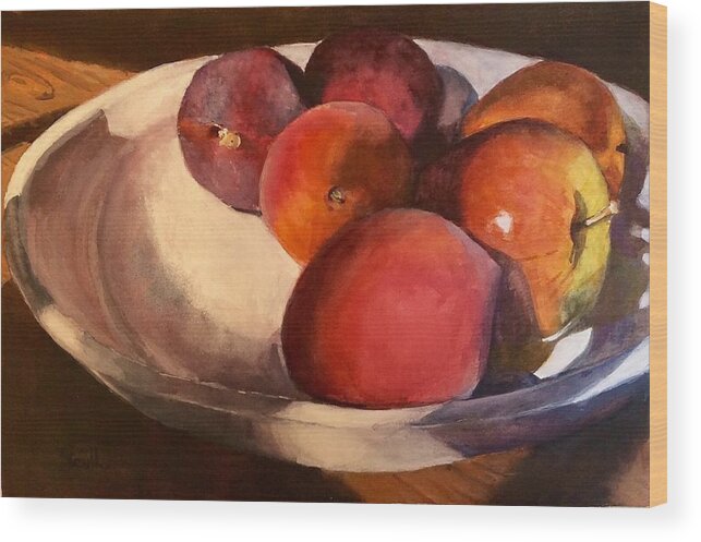 Plums Wood Print featuring the painting Plum, Peaches, and Apples by Judith Scull