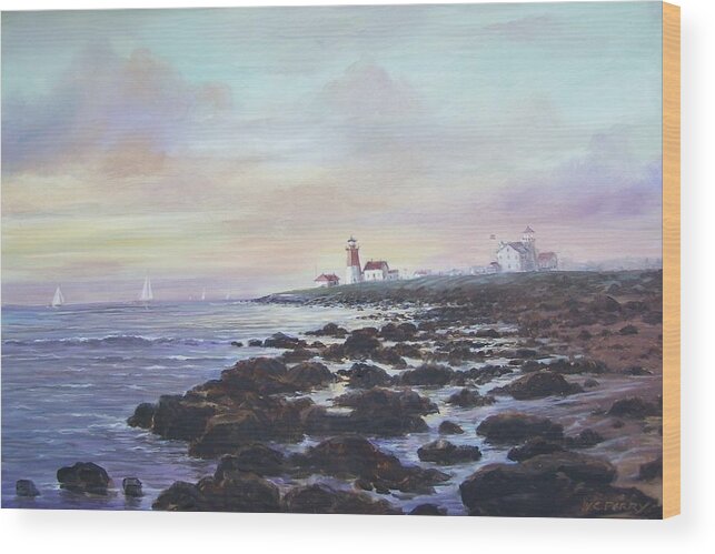 Seascape Wood Print featuring the painting Point Judith Light R I by Perry's Fine Art