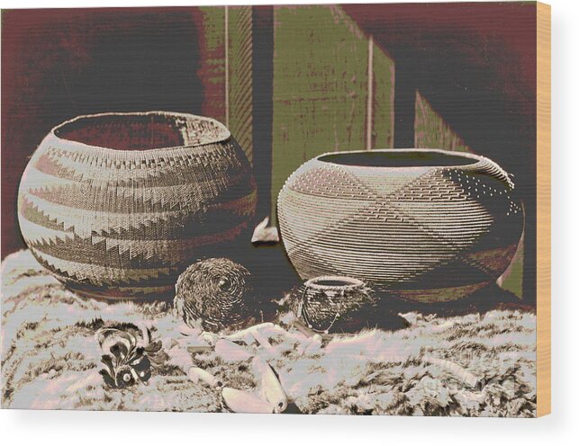 Pomo Baskets Wood Print featuring the photograph Pomo Baskets and Magnesite Beads by Padre Art